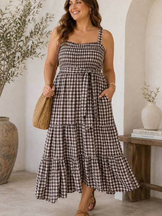 City Chic Dresses & Skirts - Gingham Tie-Waist Maxi Sundress - Brown/White